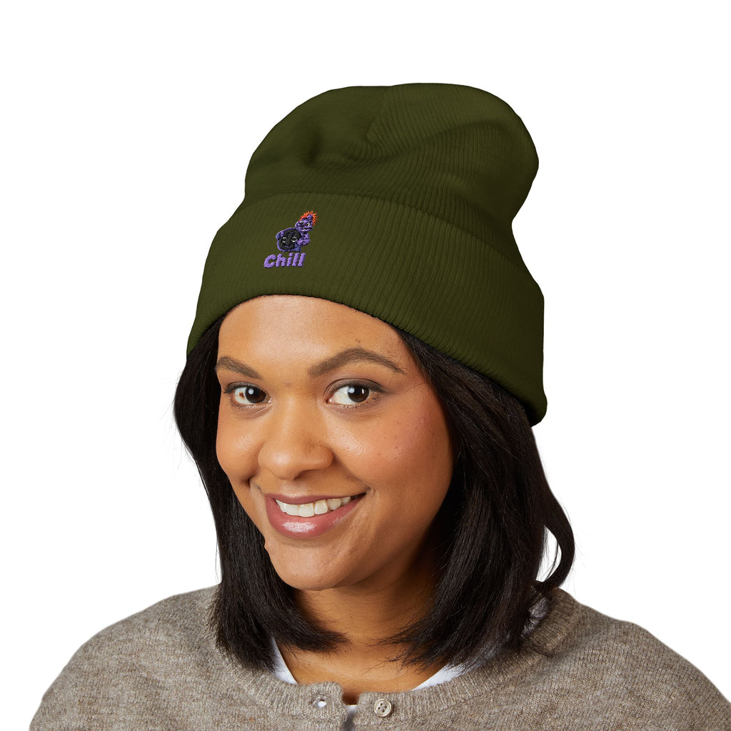 Chill Bear Embroidered Cuffed Beanie — Cozy Winter Knit Hat