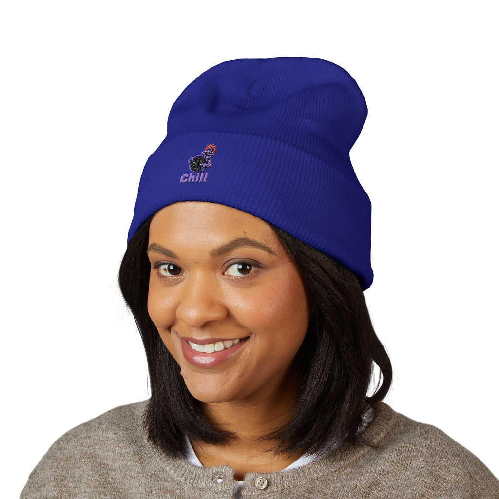 Chill Bear Embroidered Cuffed Beanie — Cozy Winter Knit Hat