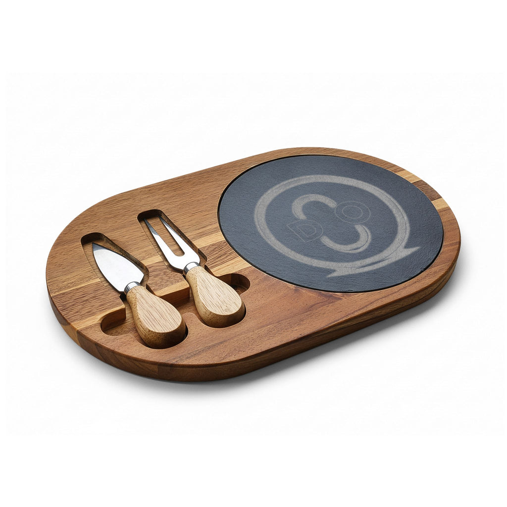 Engraved Acacia DO Charcuterie Board with Slate Insert & Cheese Tools