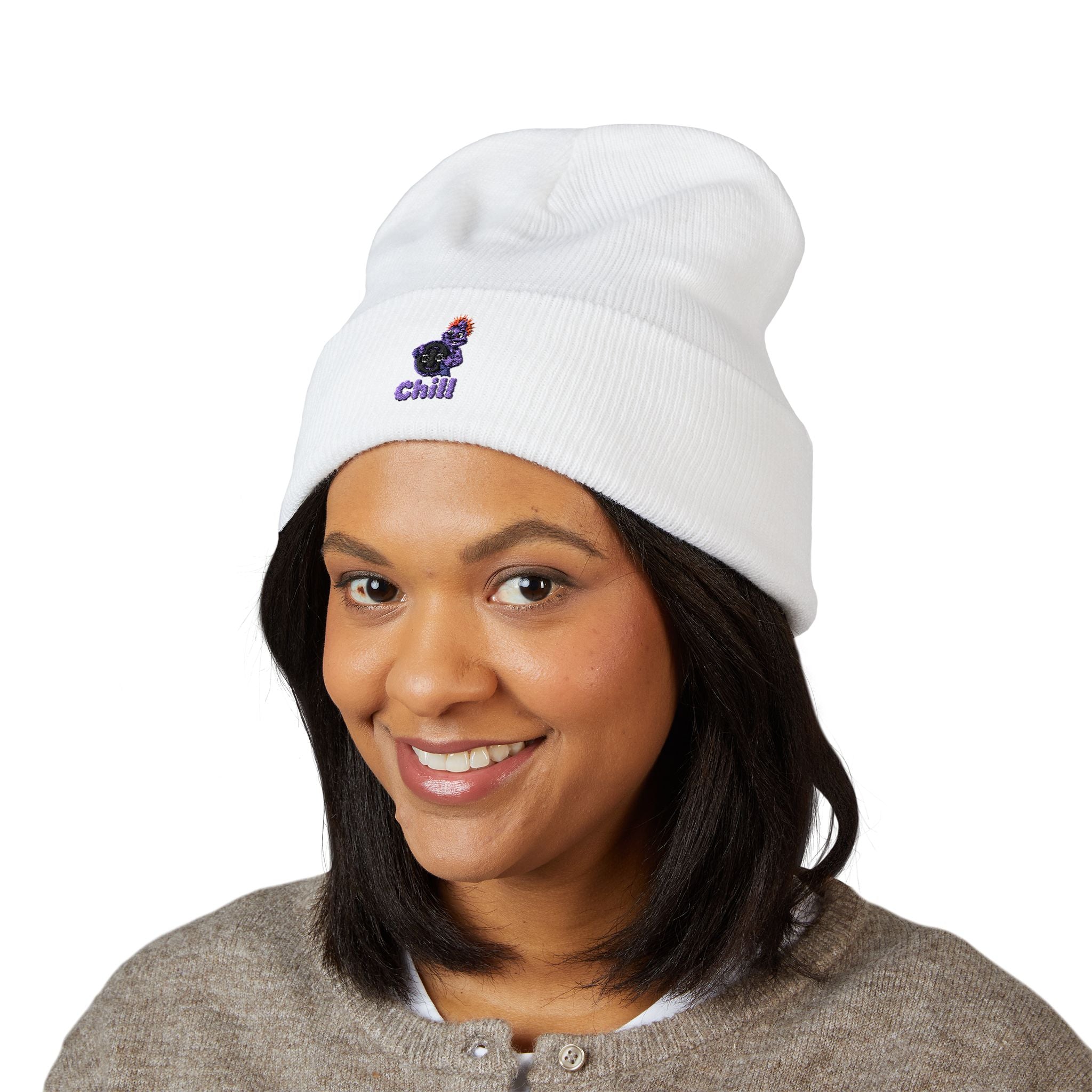 Chill Bear Embroidered Cuffed Beanie — Cozy Winter Knit Hat