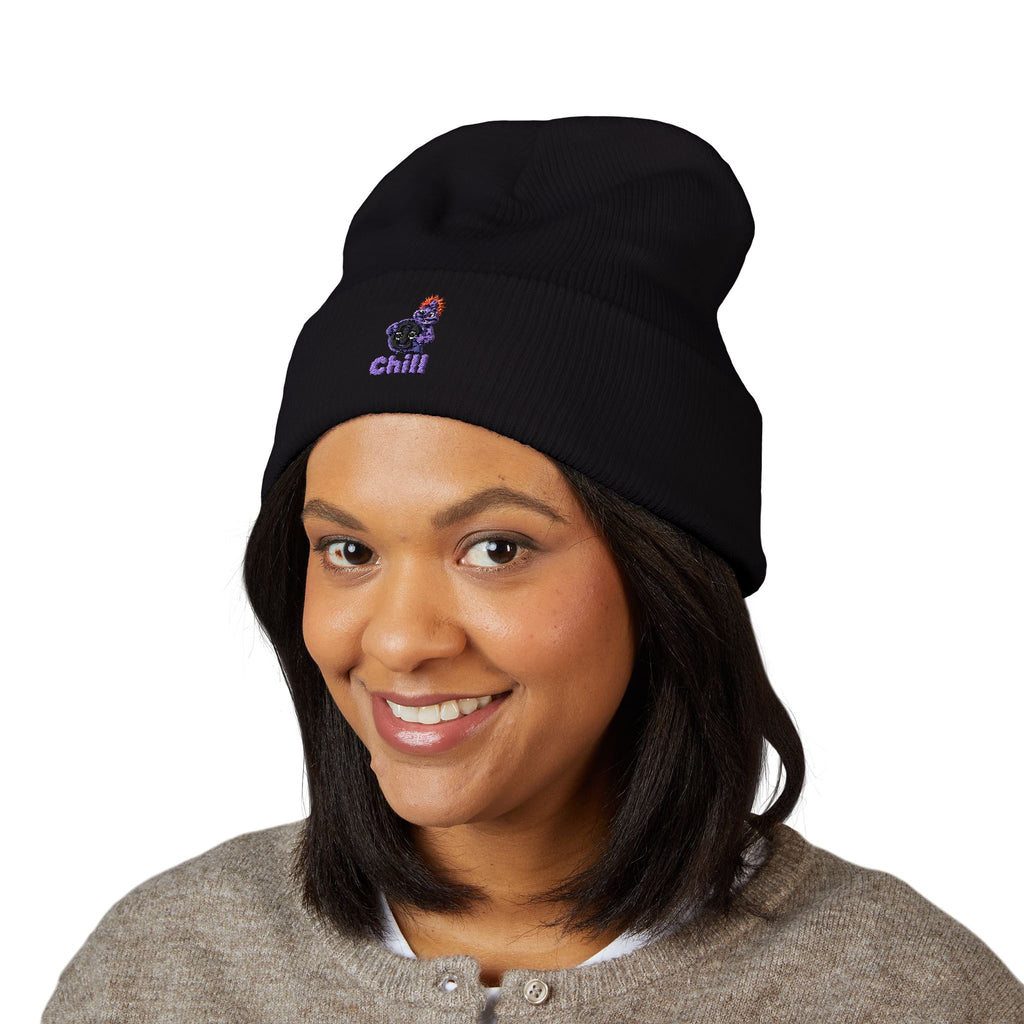 Chill Bear Embroidered Cuffed Beanie — Cozy Winter Knit Hat