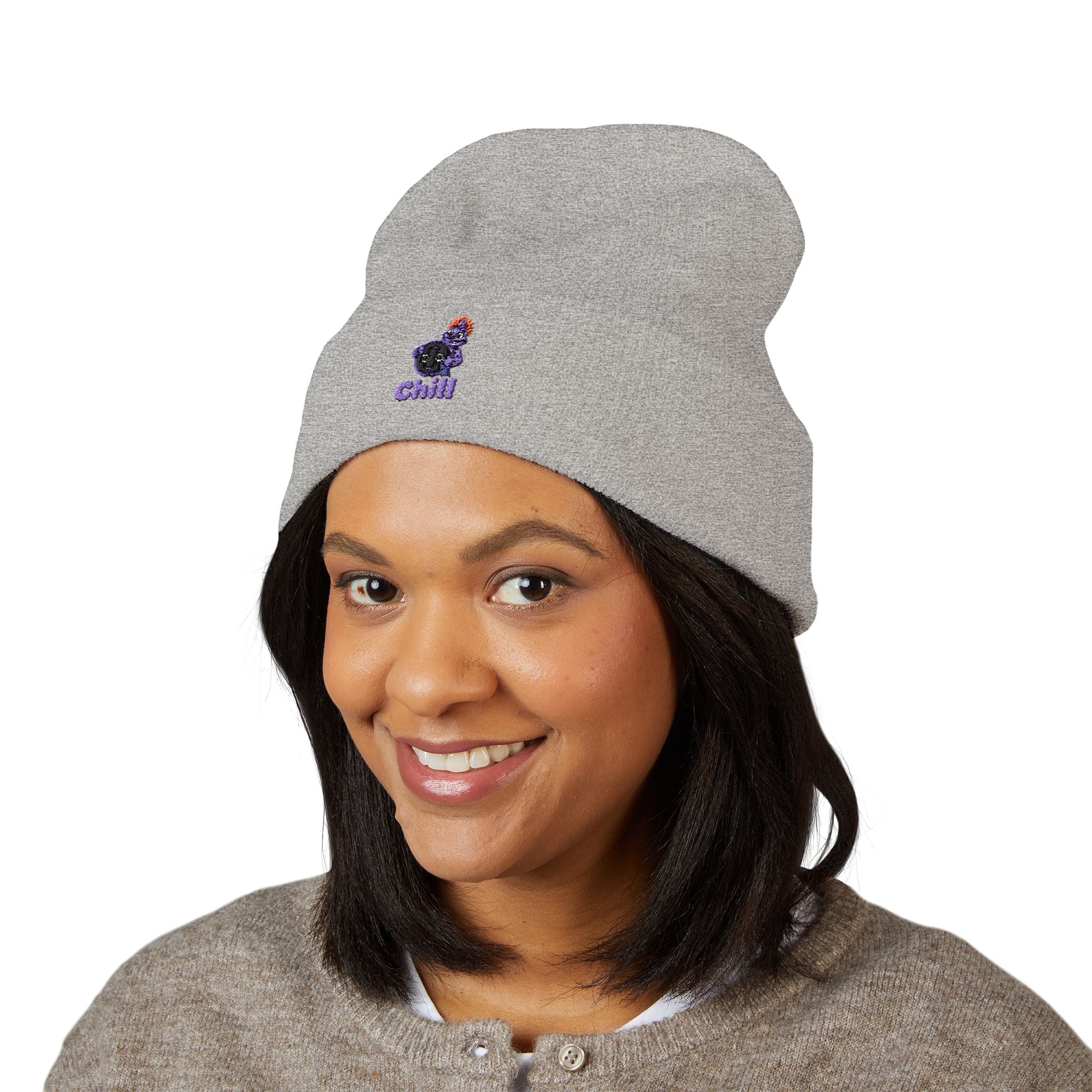 Chill Bear Embroidered Cuffed Beanie — Cozy Winter Knit Hat
