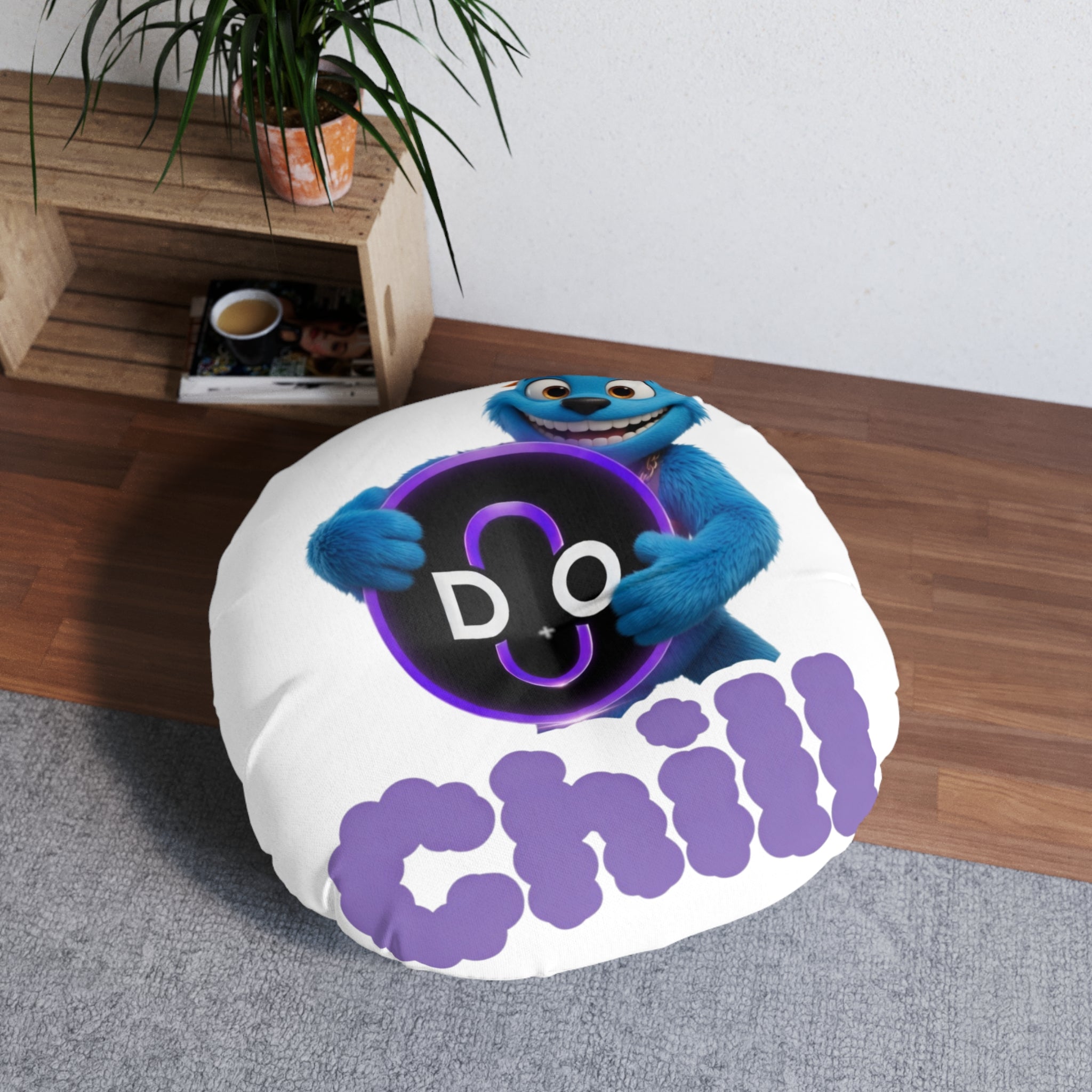 Do Chill Round Floor Pillow — "Do Chill" Blue Monster Cartoon Decorative Cushion