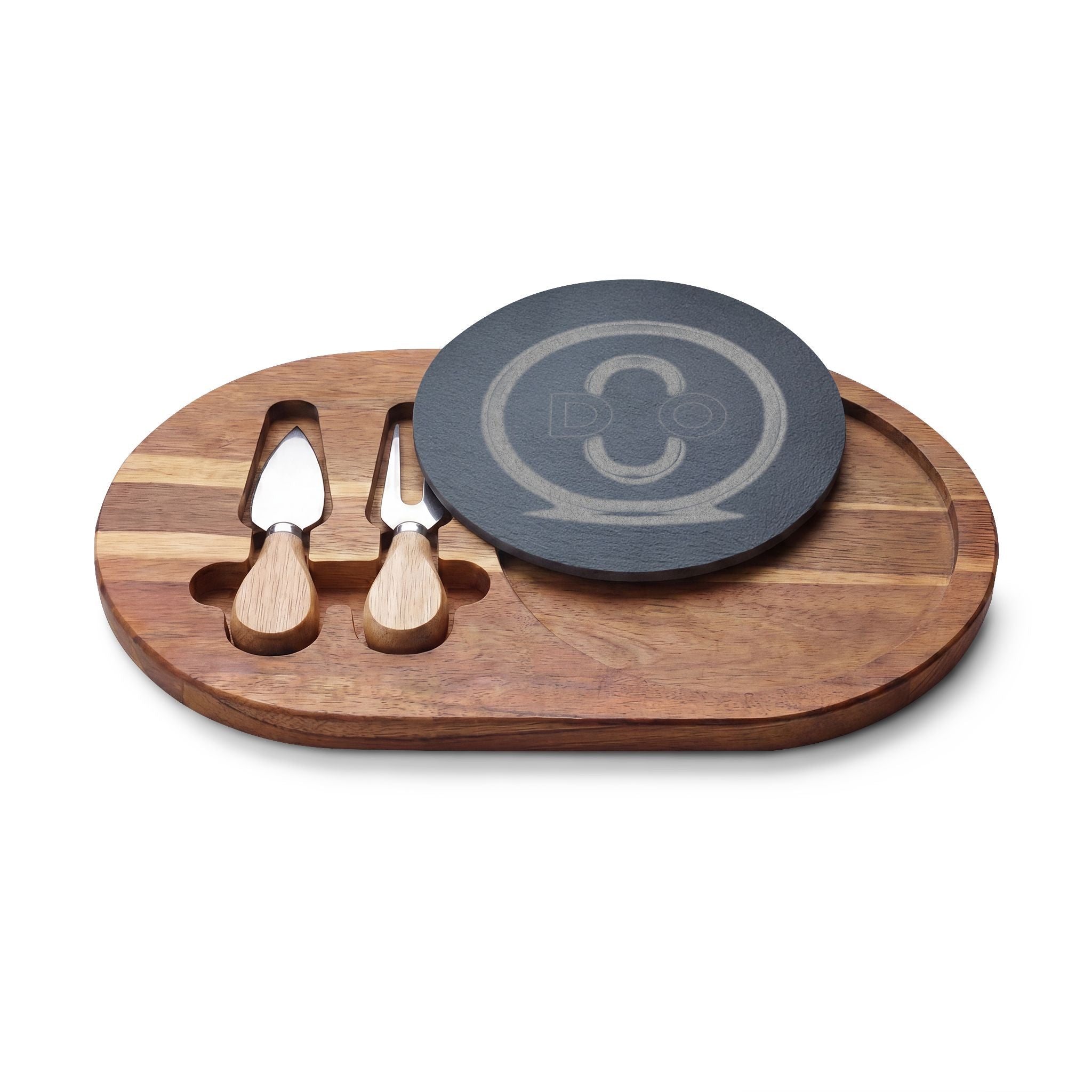 Engraved Acacia DO Charcuterie Board with Slate Insert & Cheese Tools