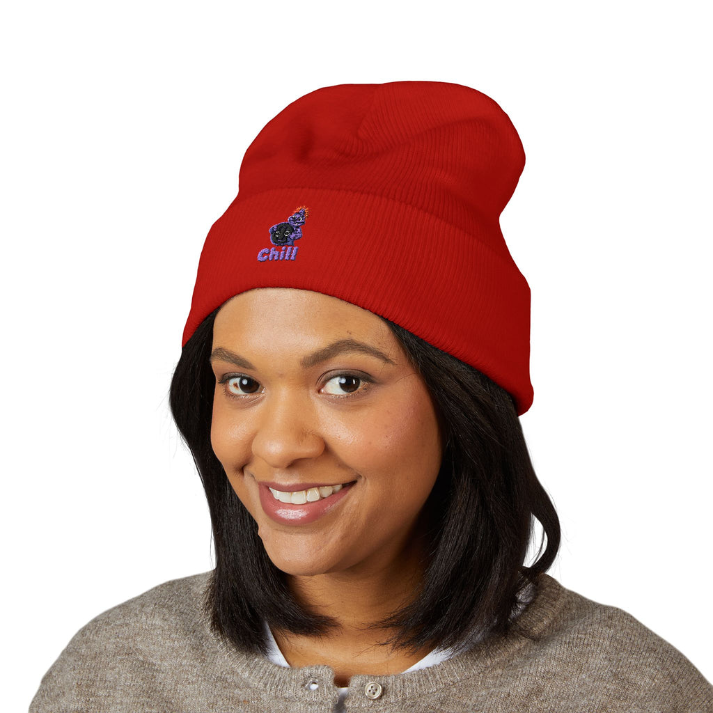Chill Bear Embroidered Cuffed Beanie — Cozy Winter Knit Hat