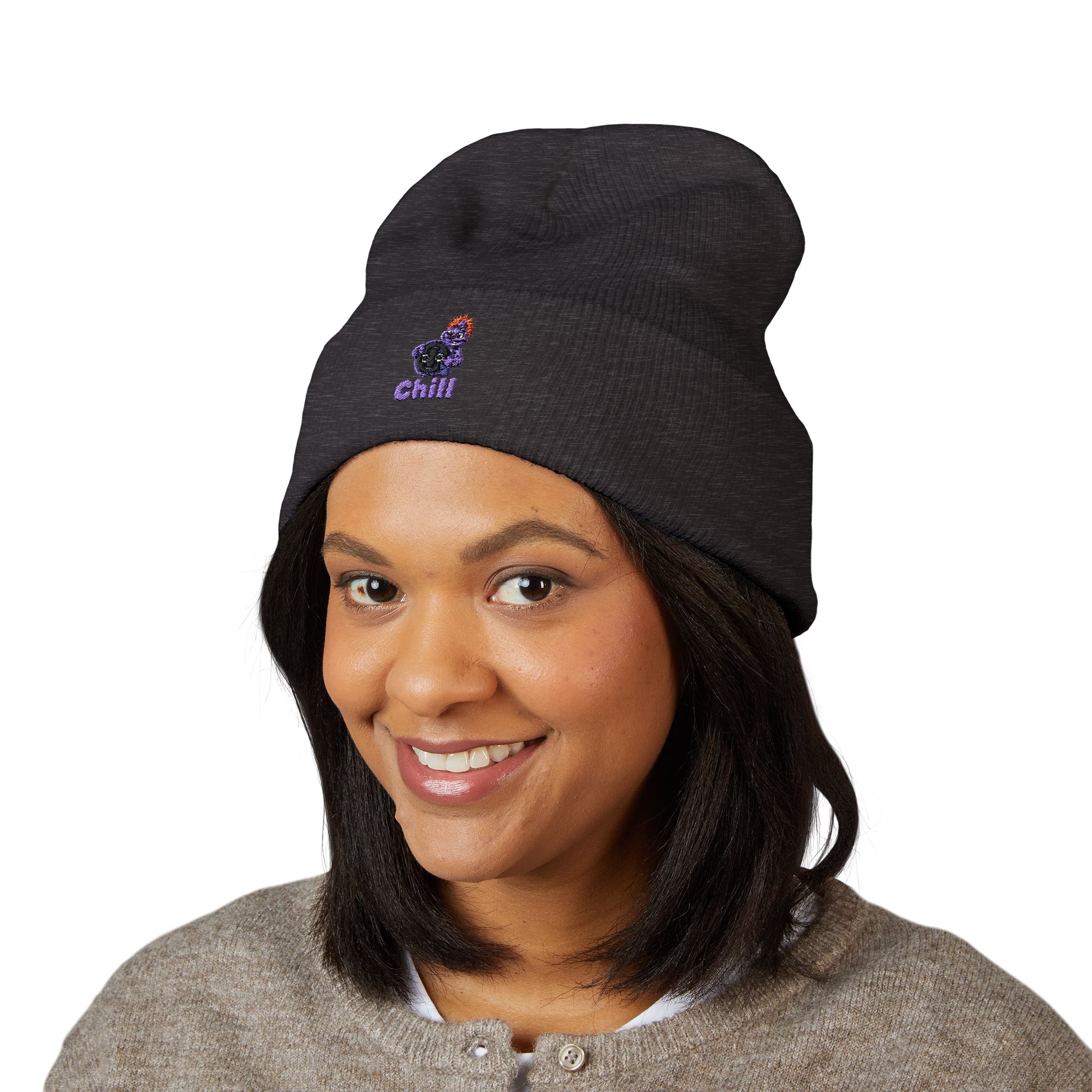 Chill Bear Embroidered Cuffed Beanie — Cozy Winter Knit Hat
