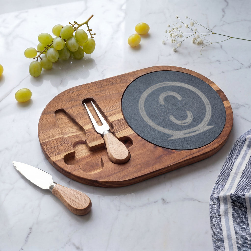 Engraved Acacia DO Charcuterie Board with Slate Insert & Cheese Tools