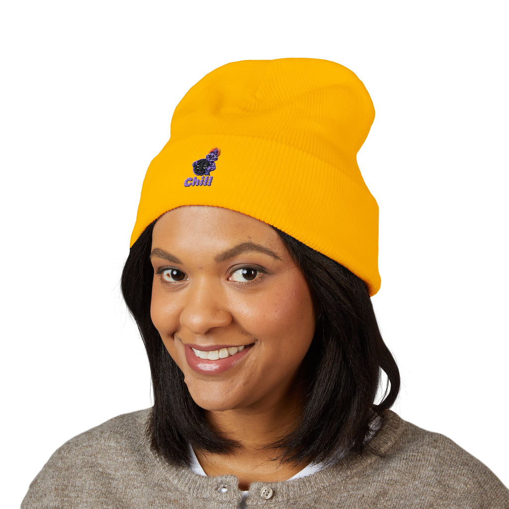 Chill Bear Embroidered Cuffed Beanie — Cozy Winter Knit Hat