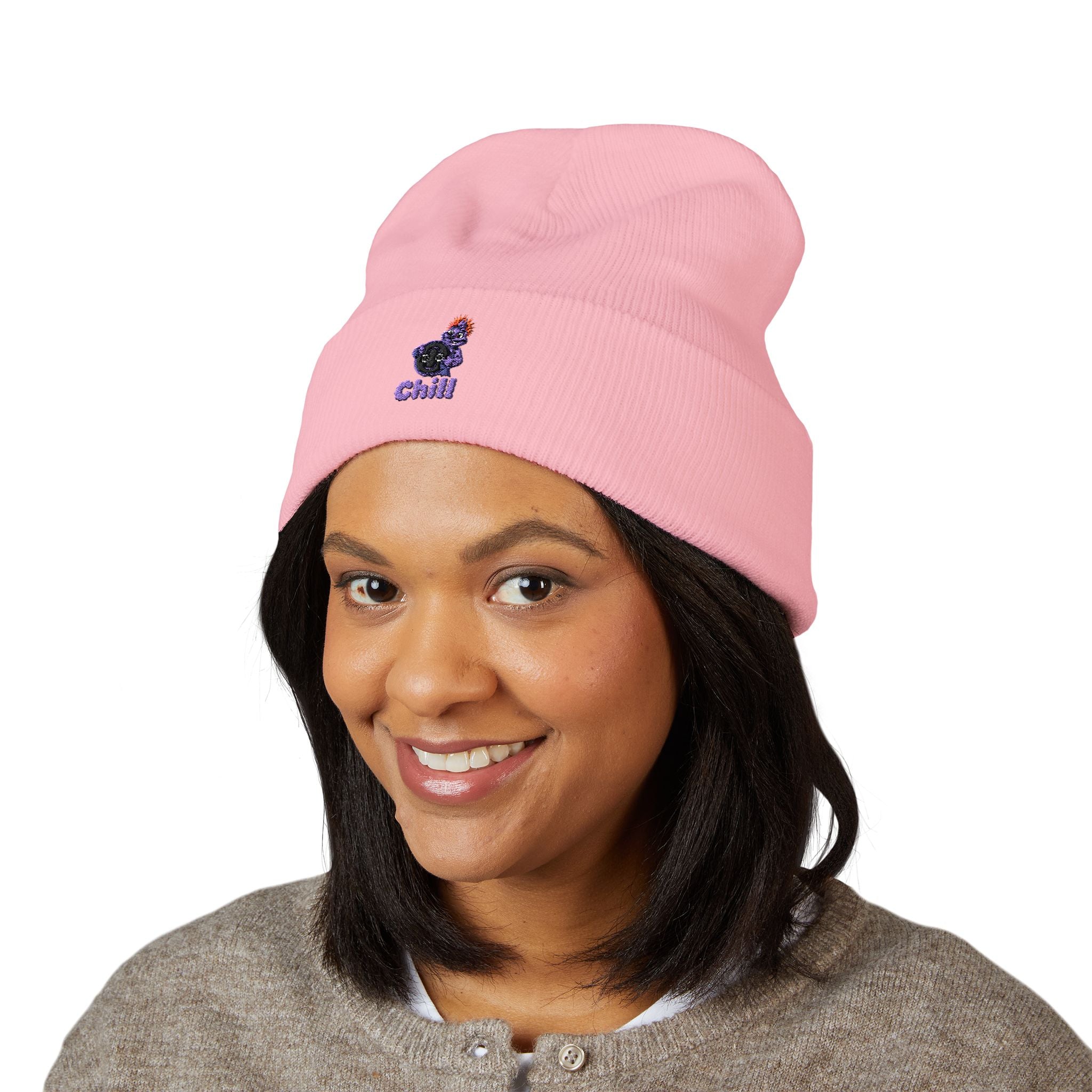 Chill Bear Embroidered Cuffed Beanie — Cozy Winter Knit Hat