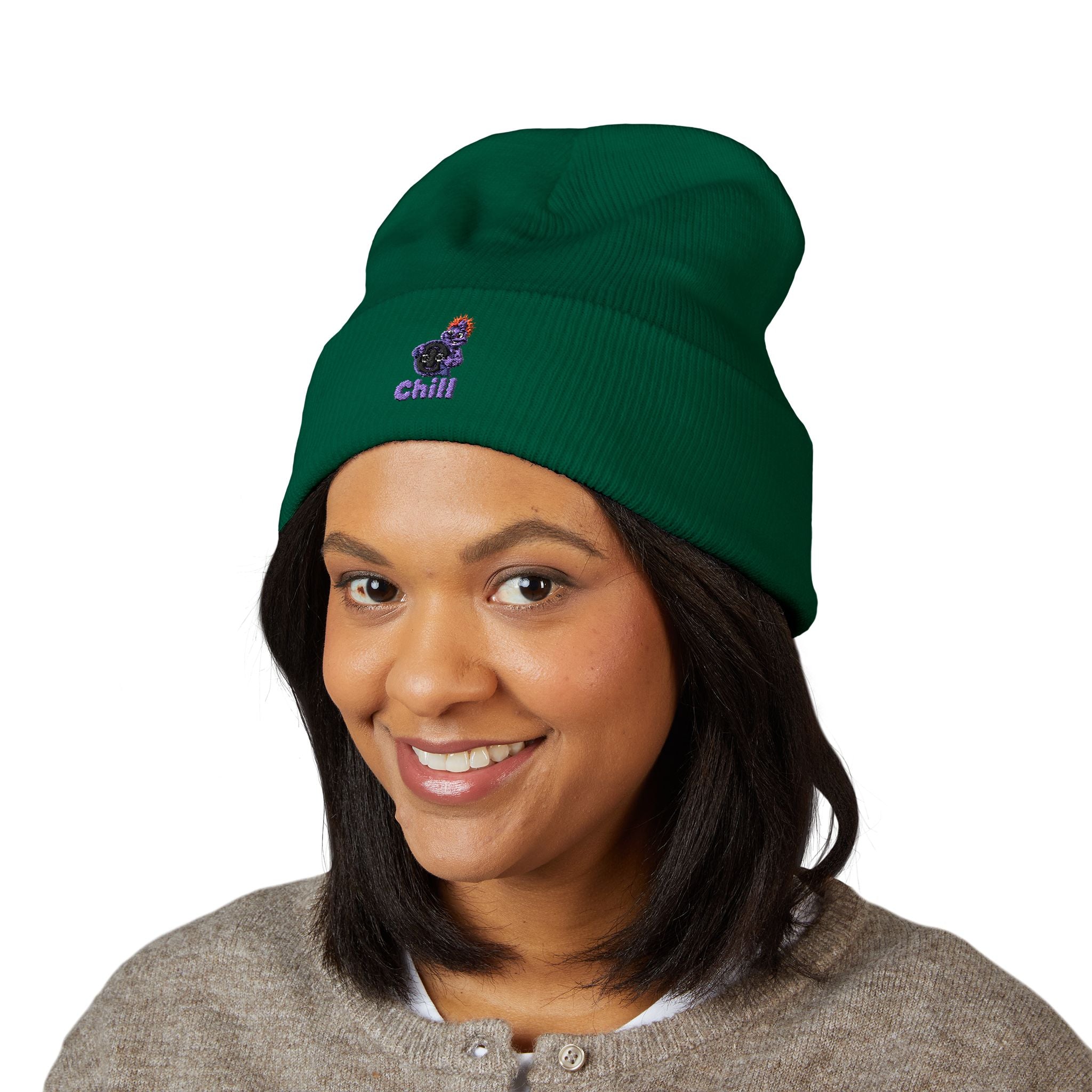 Chill Bear Embroidered Cuffed Beanie — Cozy Winter Knit Hat